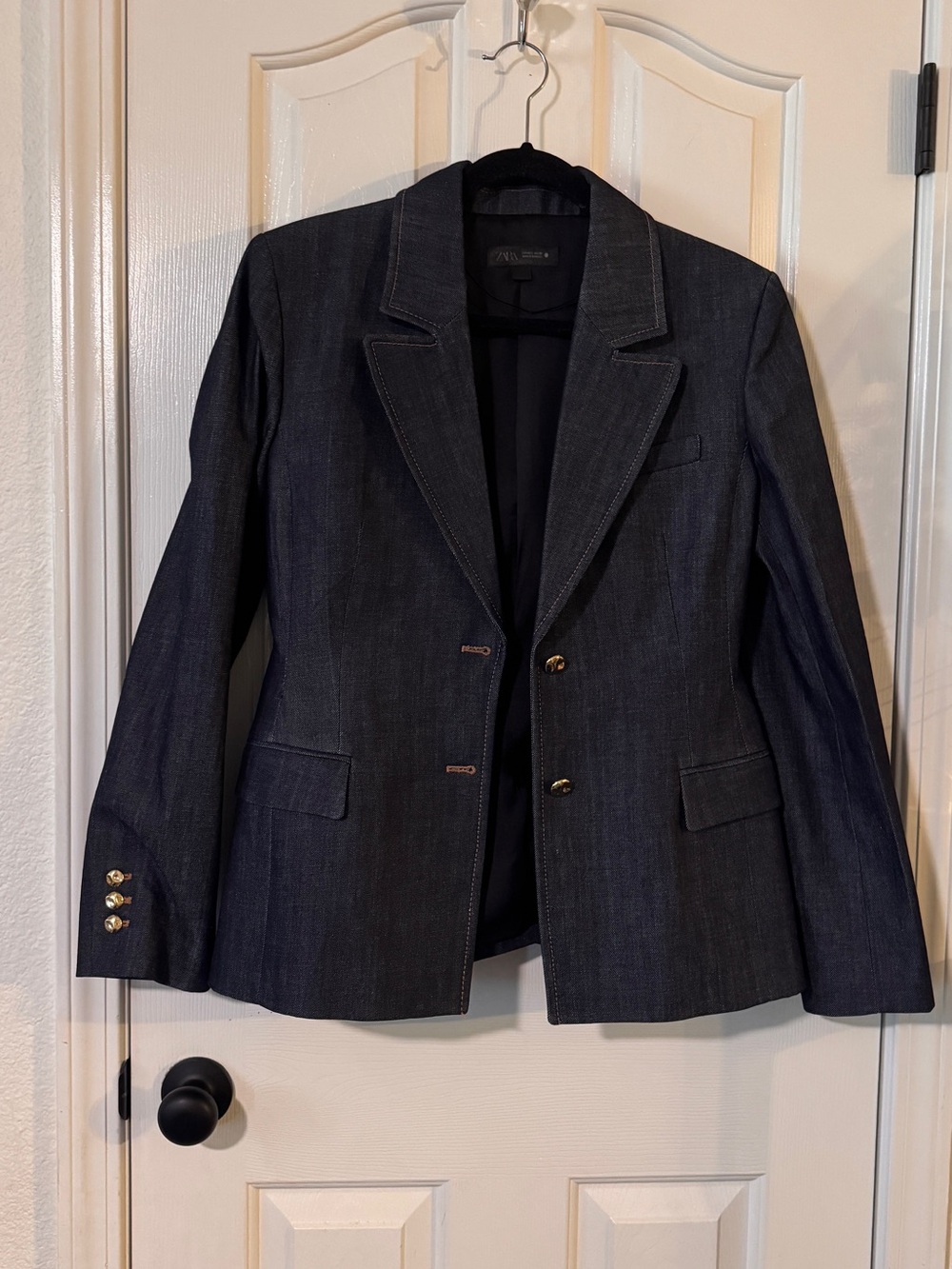 Zara Dark Indigo Denim Blazer with Gold Buttons
